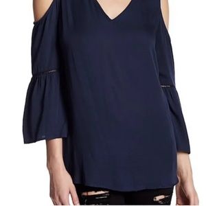 NWT Pleione Women's Navy Cold Shoulder Bell Sleeve Blouse Size Large.
